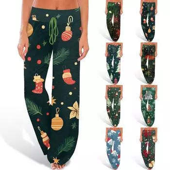 Женские удобные брюки-слип с рождественским принтом, широкие брюки на шнурке, повседневные брюки L киноварь