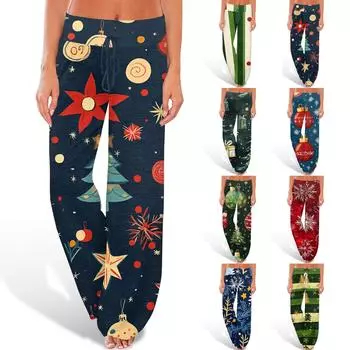 Женские удобные брюки-слип с рождественским принтом, широкие брюки на шнурке, повседневные брюки XXXL