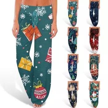 Женские удобные брюки-слип с рождественским принтом, широкие брюки на шнурке, повседневные брюки XXL