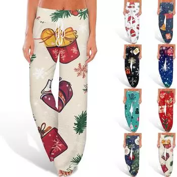 Женские удобные брюки-слип с рождественским принтом, широкие брюки на шнурке, повседневные брюки L