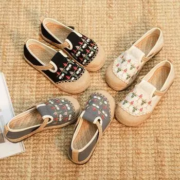 Женские удобные дышащие туфли без застежек с круглым носком, вышитые туфли на плоской подошве из хлопка и льна в этническом стиле, весна-лето 35