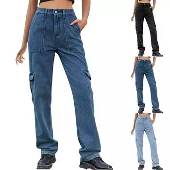 Женские удобные и модные полуэластичные джинсовые рабочие брюки прямого повседневного покроя L чёрный