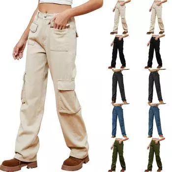 Женские удобные и модные полуэластичные джинсовые рабочие брюки прямого повседневного покроя L армия зеленый