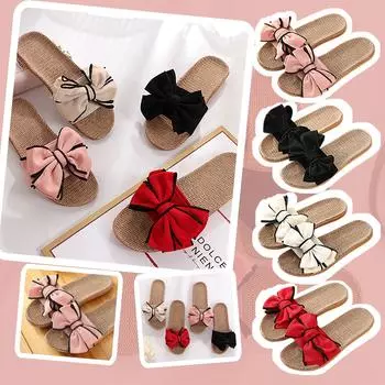 Женские удобные льняные тапочки без шнуровки с закрытым носком и бантом 36 бежевый