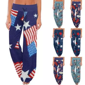 Женские удобные пижамные брюки, повседневные широкие брюки с принтом на день независимости и завязками L