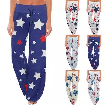 Женские удобные пижамные брюки, повседневные широкие брюки с принтом на день независимости и завязками L синий