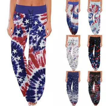 Женские удобные пижамные брюки, повседневные широкие брюки с принтом на день независимости и завязками L чёрный