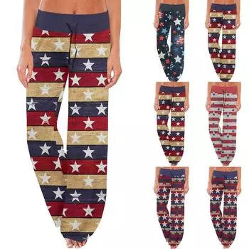 Женские удобные пижамные брюки, повседневные широкие брюки с принтом на день независимости и завязками L хаки