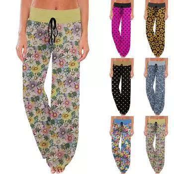 Женские удобные пижамные брюки с цветочным принтом и широкими брюками на шнуровке L чёрный