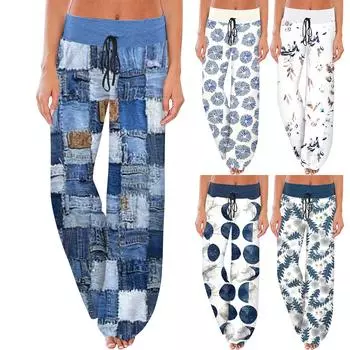 Женские удобные пижамные брюки с цветочным принтом и широкими штанинами на шнуровке L синий