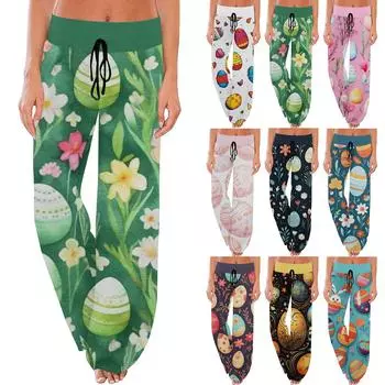 Женские удобные пижамные брюки с пасхальным принтом и маленькими карманами, широкие брюки с завязками