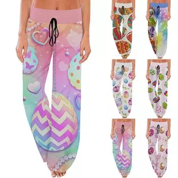 Женские удобные пижамные брюки с пасхальным принтом и маленькими карманами, широкие брюки с завязками