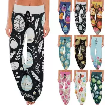 Женские удобные пижамные брюки с пасхальным принтом и маленькими карманами, широкие брюки с завязками