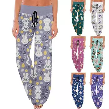 Женские удобные пижамные брюки с пасхальным принтом и маленькими карманами, широкие брюки с завязками