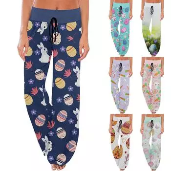 Женские удобные пижамные брюки с пасхальным принтом и маленькими карманами, широкие брюки с завязками