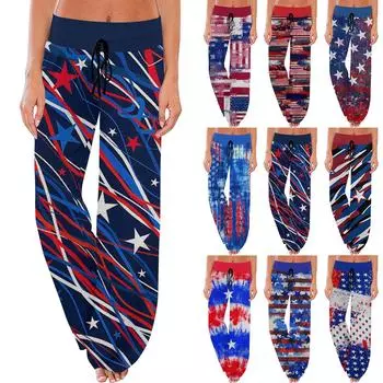 Женские удобные пижамные брюки с принтом ко Дню независимости, широкие брюки с маленькими карманами и завязками