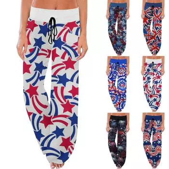 Женские удобные пижамные брюки с принтом ко Дню независимости, широкие брюки с маленькими карманами и завязками