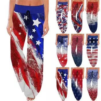 Женские удобные пижамные брюки с принтом ко Дню независимости, широкие брюки с маленькими карманами и завязками