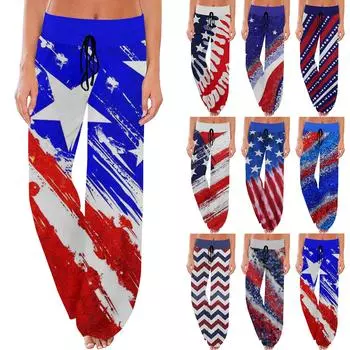 Женские удобные пижамные брюки с принтом ко Дню независимости, широкие брюки с маленькими карманами и завязками L синий