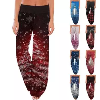 Женские удобные пижамные брюки с рождественским принтом, широкие брюки на завязках XXXL чёрный