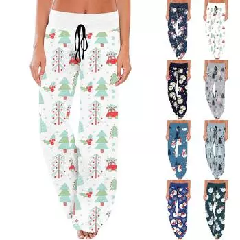 Женские удобные пижамные брюки с широкими штанинами и завязками с рождественским принтом XL серый