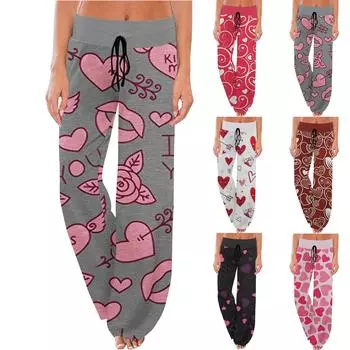 Женские удобные пижамные штаны с карманами и широкими штанинами на день Святого Валентина с принтом на шнурке L чёрный