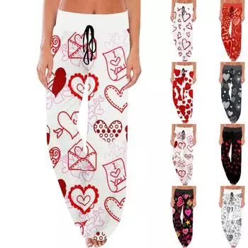 Женские удобные пижамные штаны с карманами и принтом ко Дню святого Валентина, широкие брюки на завязках XXXL киноварь