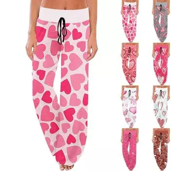 Женские удобные пижамные штаны с карманами и принтом ко Дню святого Валентина, широкие брюки на завязках XXXL розовый