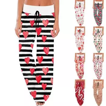 Женские удобные пижамные штаны с карманами и принтом ко Дню святого Валентина, широкие брюки на завязках S