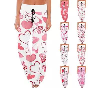 Женские удобные пижамные штаны с карманами и принтом ко Дню святого Валентина, широкие брюки на завязках XXL киноварь