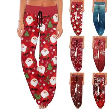 Женские удобные пижамные штаны с карманами и рождественским принтом, широкие брюки на завязках S