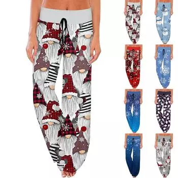 Женские удобные пижамные штаны с карманами и рождественским принтом, широкие брюки на завязках XXL синий