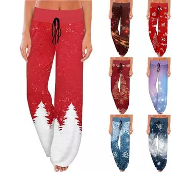 Женские удобные пижамные штаны с карманами и рождественским принтом, широкие брюки на завязках XL