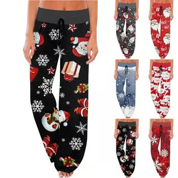 Женские удобные пижамные штаны с карманами и рождественским принтом, широкие брюки на завязках XXXL чёрный