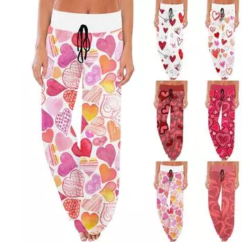 Женские удобные пижамные штаны с карманами и принтом ко Дню святого Валентина, широкие брюки на завязках S