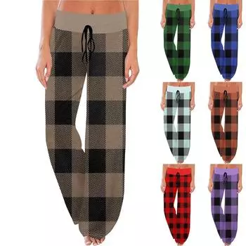 Женские удобные пижамные штаны с карманами, клетчатым принтом, широкими штанинами и завязками L коричневый