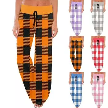Женские удобные пижамные штаны с карманами, клетчатым принтом, широкими штанинами и завязками L синий