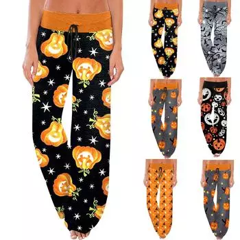 Женские удобные пижамные штаны с карманами на Хэллоуин и принтом на шнуровке, широкие брюки L чёрный