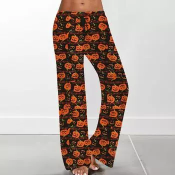 Женские удобные пижамные штаны с карманами на Хэллоуин и принтом на шнуровке, широкие брюки XL шафрановый