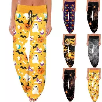 Женские удобные пижамные штаны с карманами на Хэллоуин и принтом на шнуровке, широкие брюки L