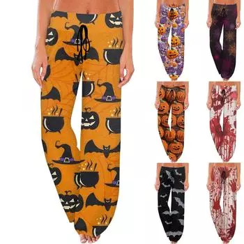 Женские удобные пижамные штаны с карманами на Хэллоуин и принтом на шнуровке, широкие брюки S