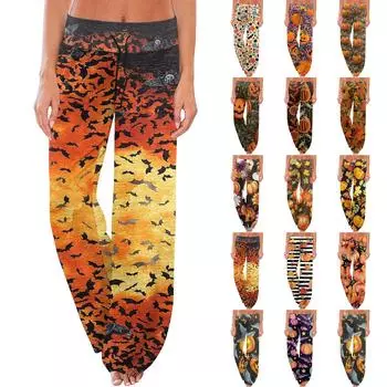 Женские удобные пижамные штаны с принтом Хэллоуина, широкие брюки с завязками XL циан