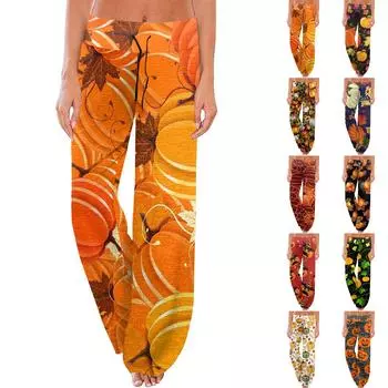Женские удобные пижамные штаны с принтом Хэллоуина, широкие брюки с завязками S