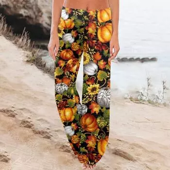 Женские удобные пижамные штаны с принтом Хэллоуина, широкие брюки с завязками L циан