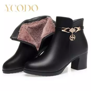 Женские удобные повседневные кожаные ботинки на высоком каблуке с плюшевой подкладкой на осень/зиму 42 чёрный