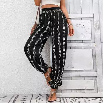 Женские удобные повседневные модные широкие брюки в сетку L чёрный