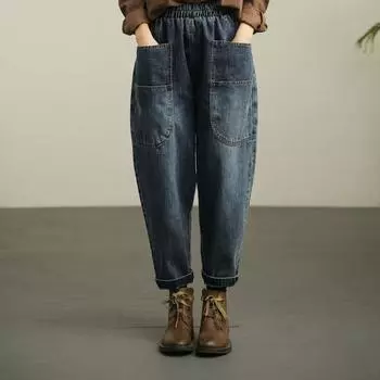 Женские укороченные брюки из денима с карманами и эластичной резинкой на талии, брюки-шаровары в стиле ретро с потертостями и высокой талией, шаровары длиной до щиколотки XXXL чёрный