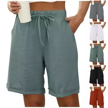 Женские укороченные брюки, повседневные хлопковые эластичные летние пляжные шорты с завязками и карманами, однотонные повседневные шорты M красный