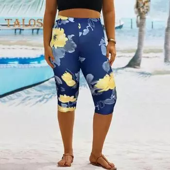 Женские укороченные брюки с эластичной резинкой и высокой талией, с цифровым цветочным принтом, брюки длиной до середины голени, облегающие укороченные брюки XL жёлтый