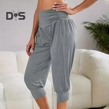 Женские укороченные брюки с эластичной резинкой и высокой талией, свободные повседневные спортивные брюки, однотонные спортивные штаны до середины икры для йоги XXL чёрный